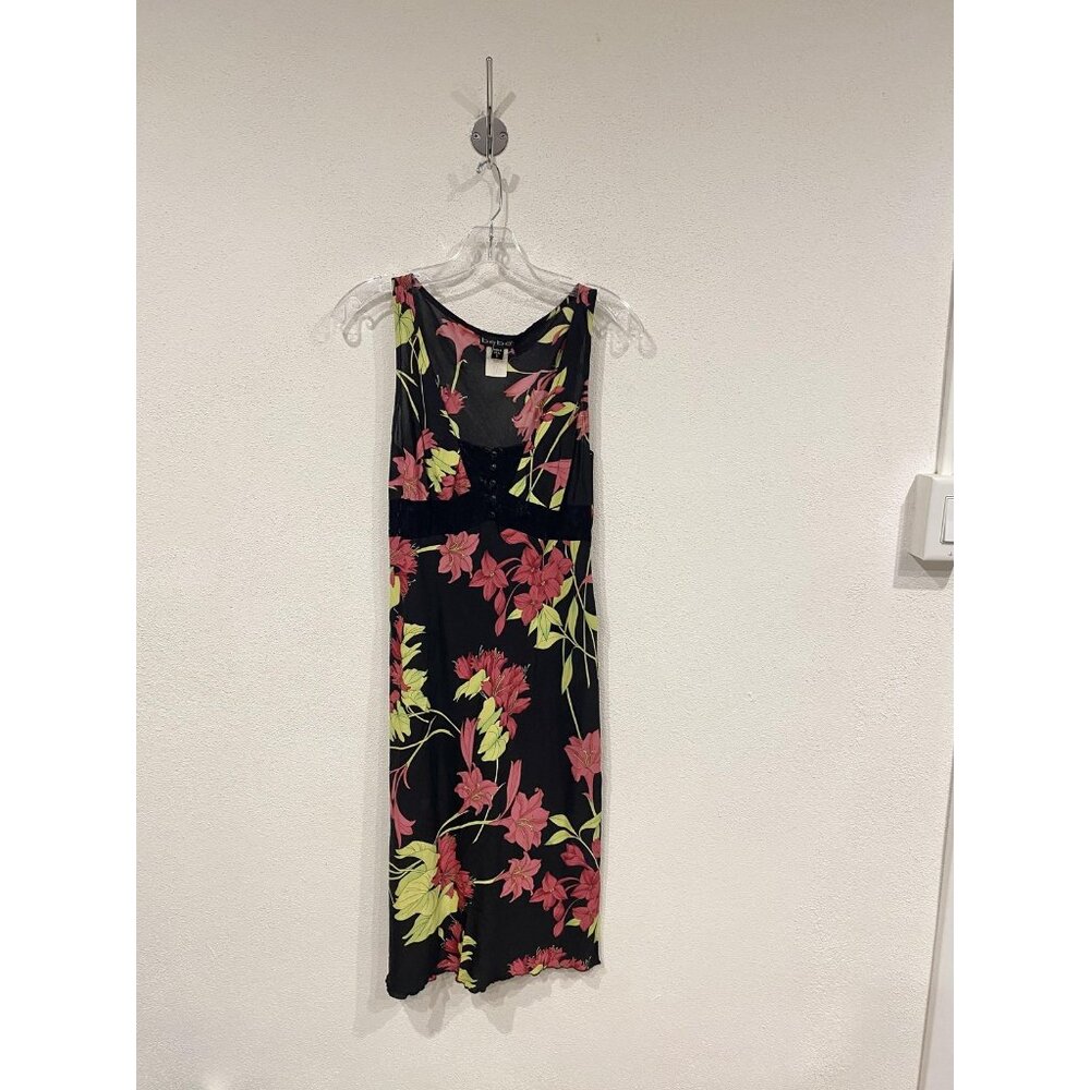 Bebe Dress Womens Small Black Pink Floral Sheer Lace Midi Slip Made USA Y2K